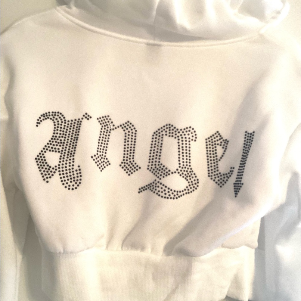 New White Cropped Hoodie with Angel in rhinestone accent